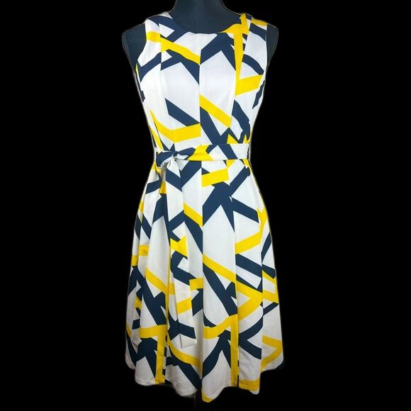 DKNY Yellow and Navy Bold and Bright Geometric Midi Sleeveless Dress Size 4 - Picture 1 of 10